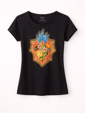 G.L Black Graphic Tee Sacred Heart Floral Print Stretch Top Size M/L